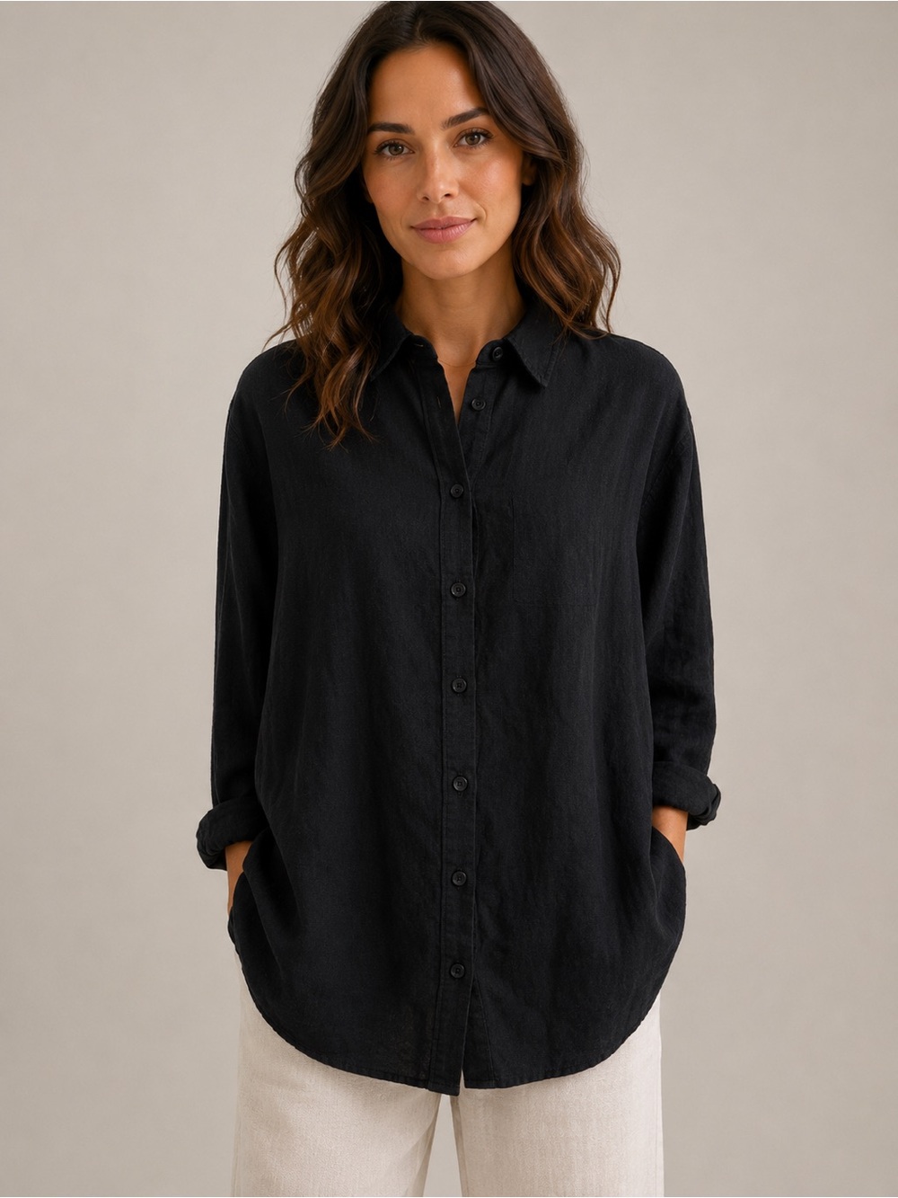Black Linen Blend Oversized Button Up Shirt XL Minimalist